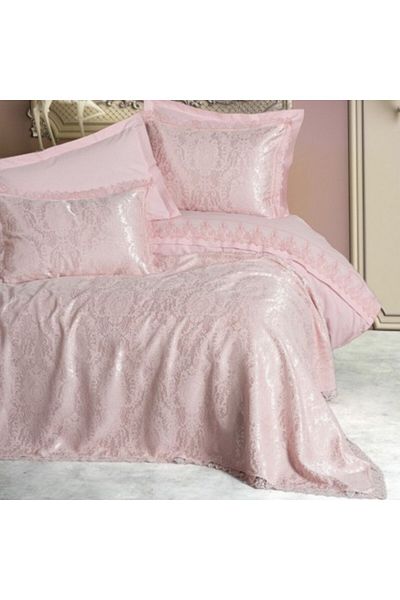 Cotton Box Set lux cuvertura jacquard 250x260cm si lenjerie, Cotton Box, Silva Roz