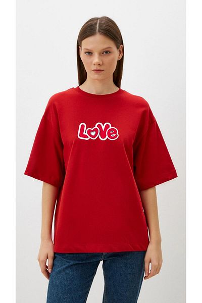 woonkey Women's Oversize Love Printed Crew Neck New Season T-Shirt