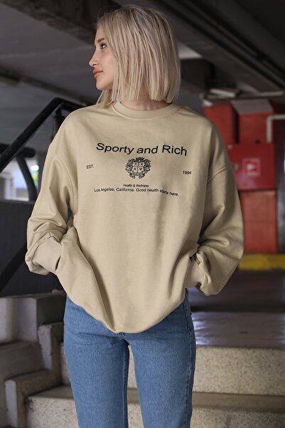 Madmext Γυναικείο φούτερ Oversize σε μπεζ λαιμόκοψη Mg1577