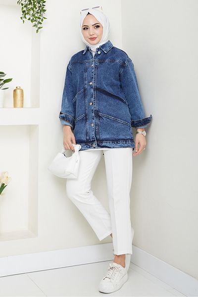 Bestenur Elsan Oversize Jeans Jacket 1437 - Μπλε