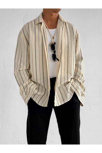 ablukaonline Men's Oversize Cotton Soft Textured Striped Shirt Black Beige