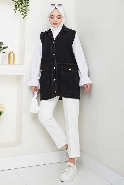 Bestenur Denim Vest with Cover Pocket 1431 - Black