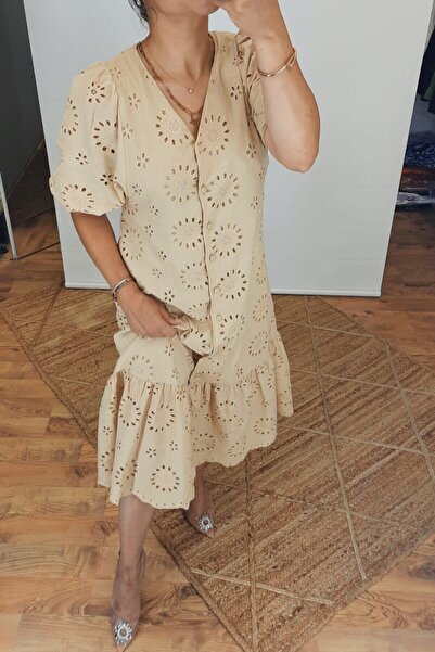 Suziş Γυναικείο Φόρεμα Φιστό Μπεζ με επένδυση