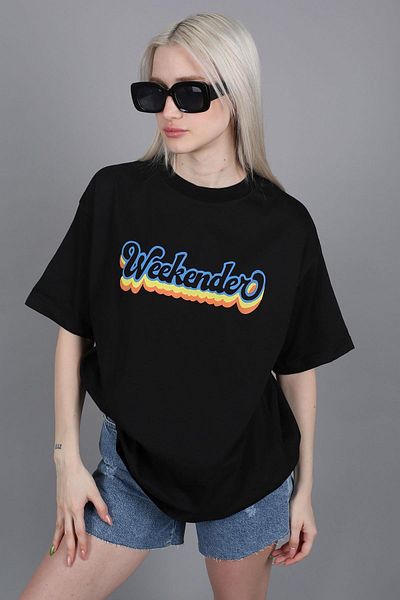 Madmext Tricou de damă oversize cu imprimeu negru cu gât rotund