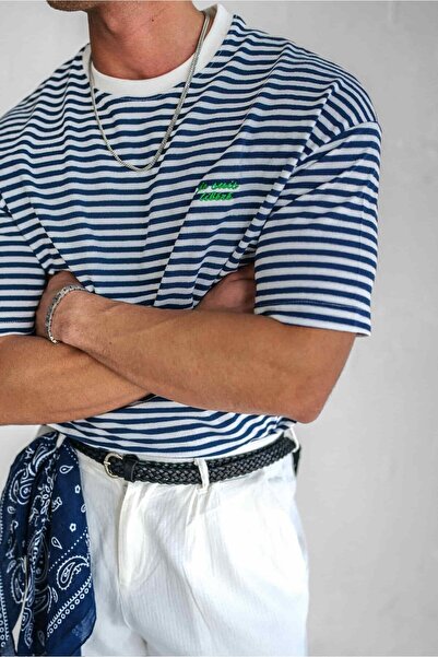 ablukaonline Erkek Oversize Çizgili Rahat T-Shirt Mavi