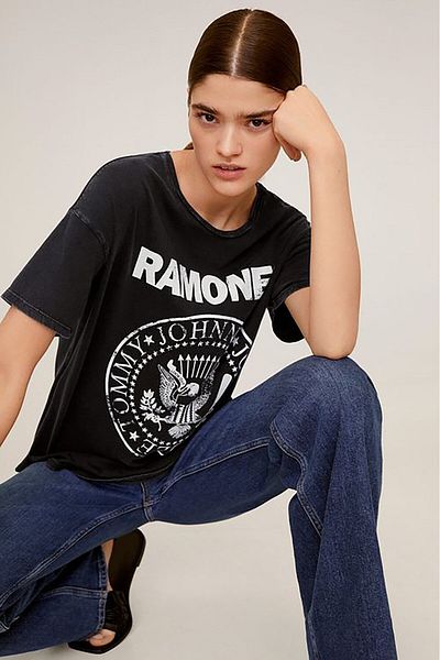 Madmext Weit geschnittenes, bedrucktes schwarzes Damen-T-Shirt MG1114
