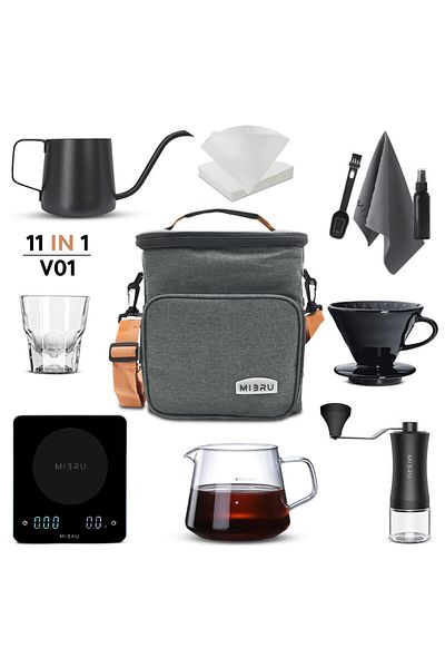 MIBRU V60 Coffee Drip Pour Over Set 11 Pcs Manual Brewer Kettle Grinder Dripper Filter Barista Kit Gray