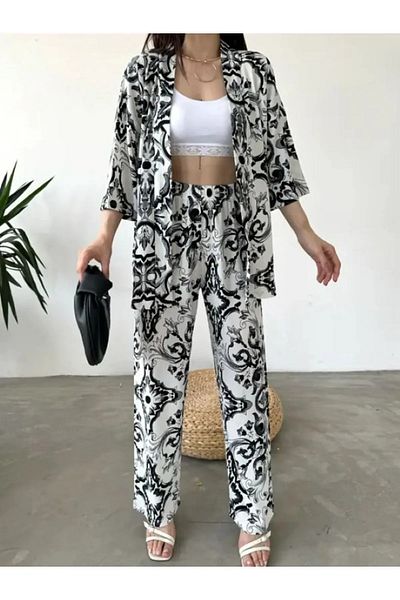 NS SHINE BEAUTY Patterned Kimono & Trousers Double Set