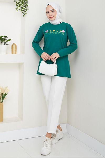 Bestenur Flower Pattern Hijab Tunic 1425 - Emerald Green