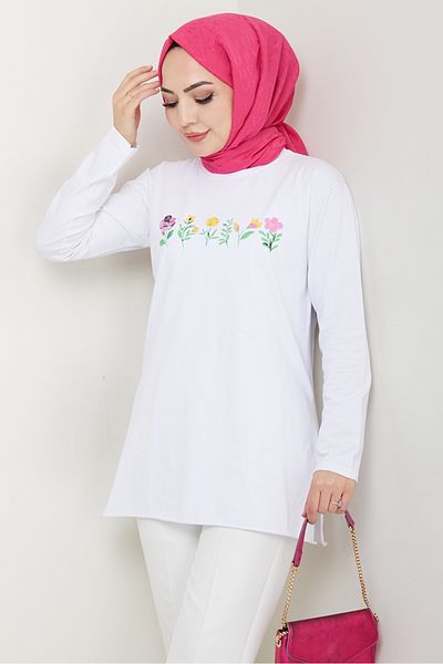 Bestenur Flower Pattern Hijab Tunic 1425 - White