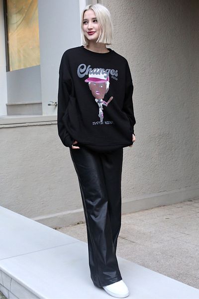 Madmext Hanorac oversize cu imprimeu negru Mg1578