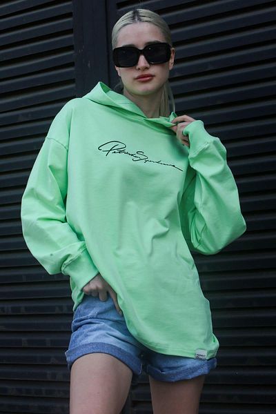 Madmext Light Green Embroidered Hooded Women's Sweatshirt Mg1691
