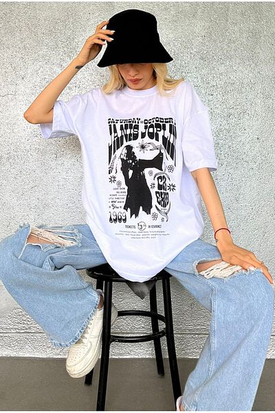Madmext Weißes bedrucktes Oversize-T-Shirt Mg1417