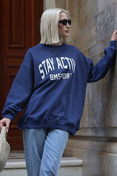 Madmext Indigo Printed Oversize Women's Sweatshirt Mg1564