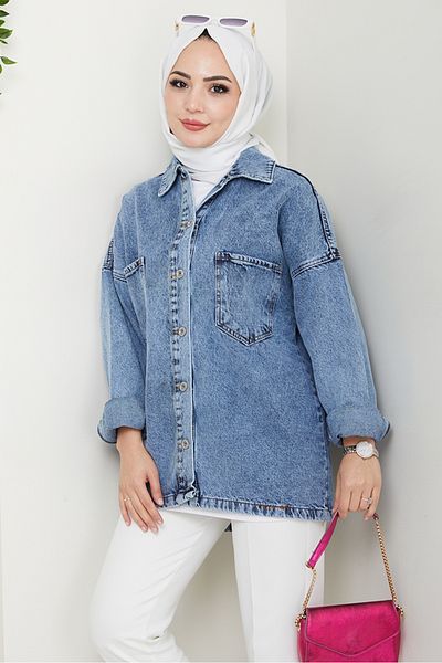 Bestenur Aysila Oversize τζιν μπουφάν 1463 - γαλάζιο