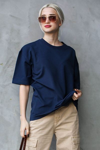 Madmext Marineblaues Basic-Oversize-T-Shirt mit Rundhalsausschnitt Mg1687