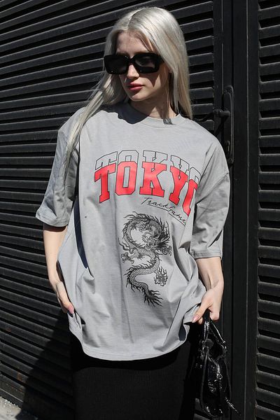 Madmext Βαμμένο γκρι εμπριμέ Γυναικείο T-Shirt Crew Neck Mg1771