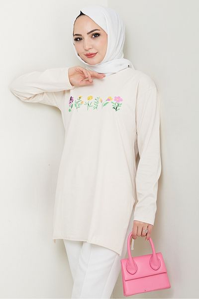 Bestenur Flower Pattern Hijab Tunic 1425 - Beige