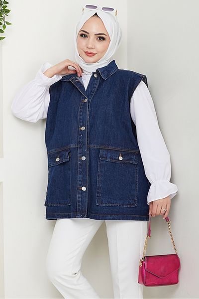 Bestenur Denim Vest with Flap Pocket 1432 - Dark Blue