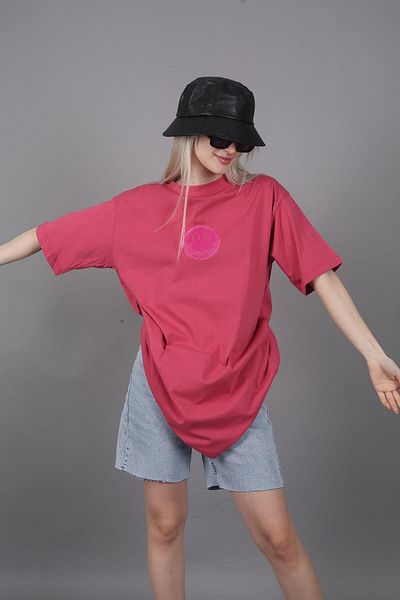 Madmext Rosa bedrucktes Oversize-Damen-T-Shirt mit Rundhalsausschnitt