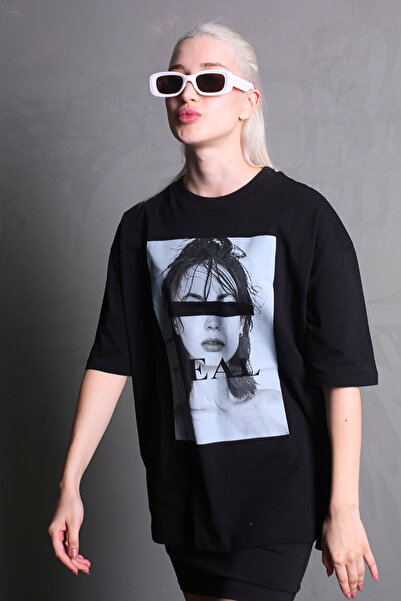 Madmext Siyah Oversize Baskılı Kadın Tişört MG1764