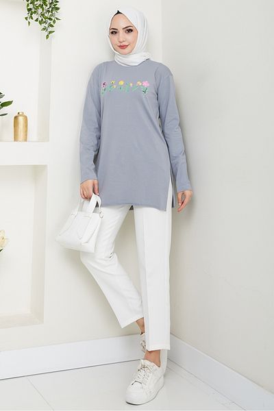 Bestenur Flower Pattern Hijab Tunic 1425 - Gray