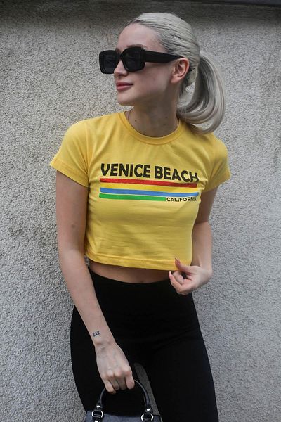 Madmext Gelb bedrucktes Crop-T-Shirt Mg1535