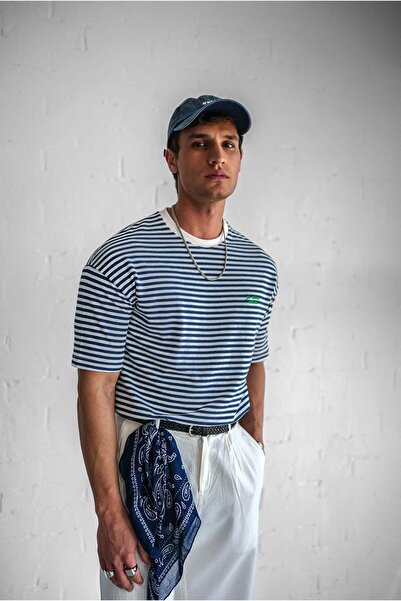 ablukaonline Erkek Oversize Çizgili Rahat T-Shirt Mavi