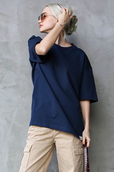 Madmext Marineblaues Basic-Oversize-T-Shirt mit Rundhalsausschnitt Mg1687
