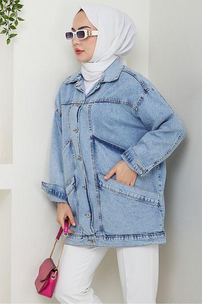 Bestenur Τζιν μπουφάν Oversize με διπλή τσέπη 1436 - Ice Blue