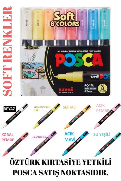 Uni Posca 8'Li Soft Color Set 0.7 Nib (8 Soft Colors Most Prefered) Pc-1M (0.7mm) Poska Pc1M Pc - 1m