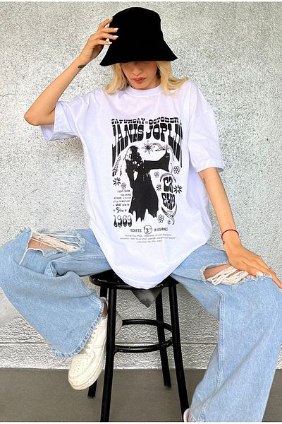 Madmext Weißes bedrucktes Oversize-T-Shirt Mg1417