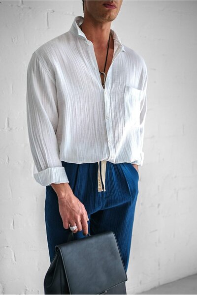 ablukaonline Men's Oversize Fit Long Sleeve Muslin Shirt White