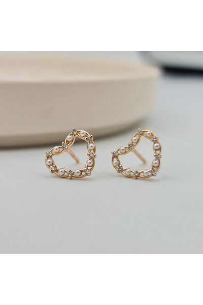 SE Jewellery Collection Selin Ersoy Pearl and Zircon Stone Detailed Heart Earrings Rose Gold, Xuping, Non Tarnish, Water Resistant, 1 cm
