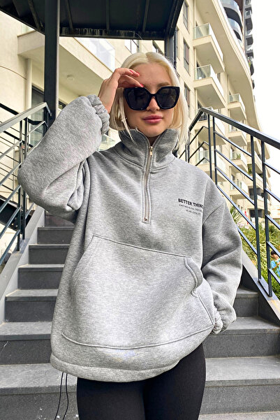 Madmext Γκρι Γυναικείο Φούτερ MG1935 με γιακά με φερμουάρ