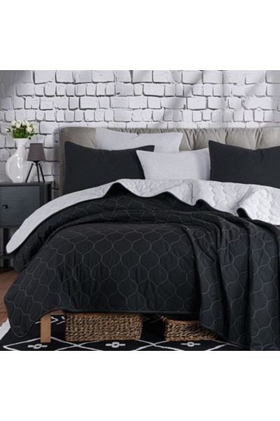 Eponj Home Set cuvertura matlasata reversibila 200 x 220 cm + 2 fete perna, Solid Negru/Gri