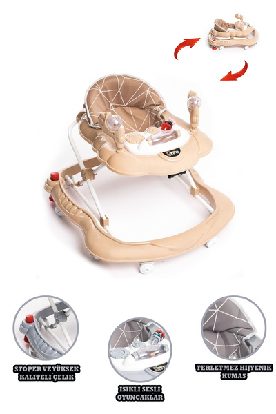 TOYZZONE Oyuncaklı Müzikli Ve Işıklı 3 Kademeli Örümcek Bebek Yürüteci Krem