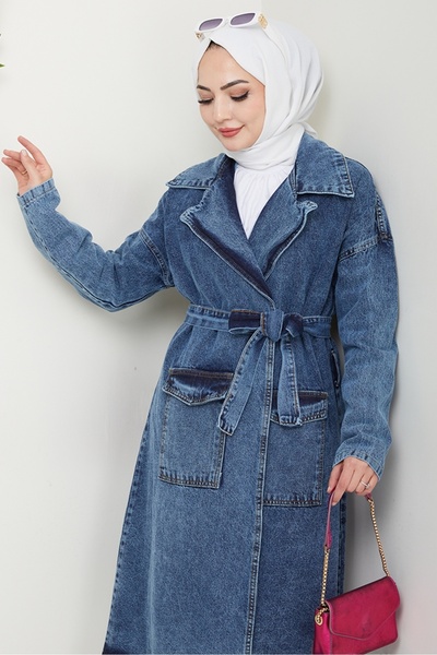 Bestenur Zeyal Kuşaklı Kot Trenç 1434 - Mavi