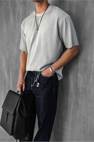ablukaonline Ανδρικό πλενόμενο ριγέ μπλουζάκι Oversize Γκρι