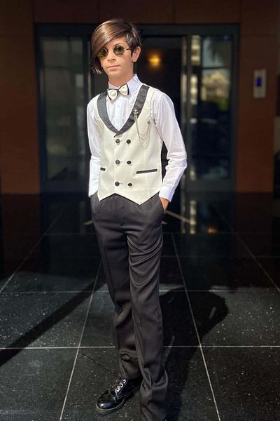 Riccotarz Boy's Shawl Collar Button Detailed White Cepken Vest Gabardine Shirt Suit