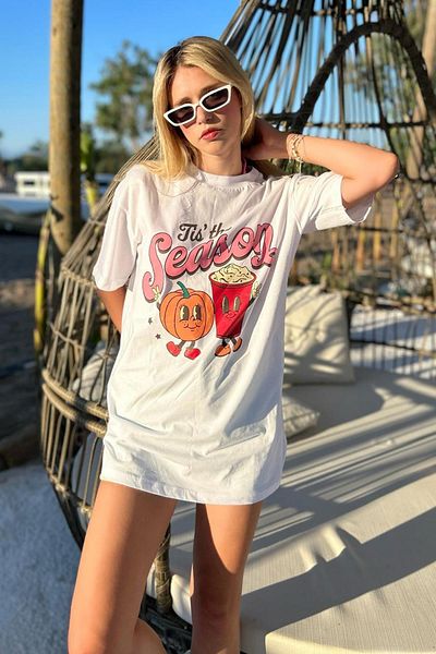 Madmext Weißes bedrucktes Damen-T-Shirt mit Rundhalsausschnitt Mg1776