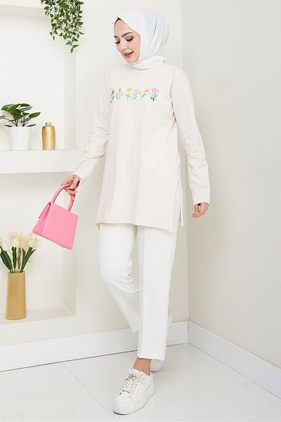 Bestenur Flower Pattern Hijab Tunic 1425 - Beige