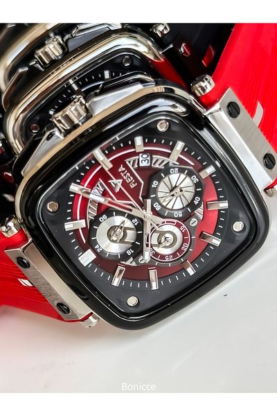 Fiesta Red Silicone Cord, Steel Case, Functions Active, Men's Wristwatch Bracelet Gift