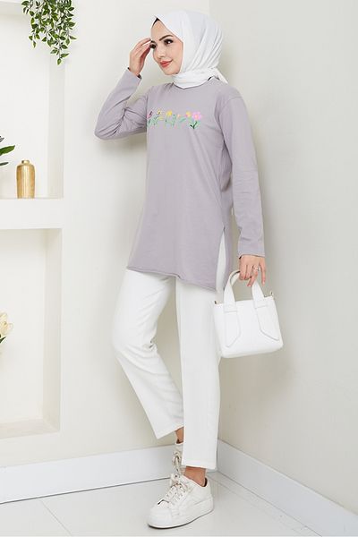 Bestenur Μοτίβο λουλουδιών Hijab Tunic 1425 - Stone