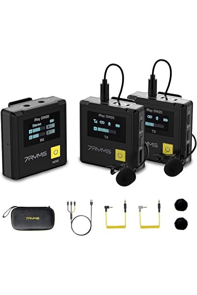 7ryms نظام ميكروفون لاسلكي iRay DW20، ميكروفون لاسلكي مزدوج 2.4 جيجاهرتز، مناسب للتدوين بالفيديو