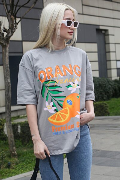 Madmext Dyed Gray Printed Crew Neck Women's T-Shirt Mg1707