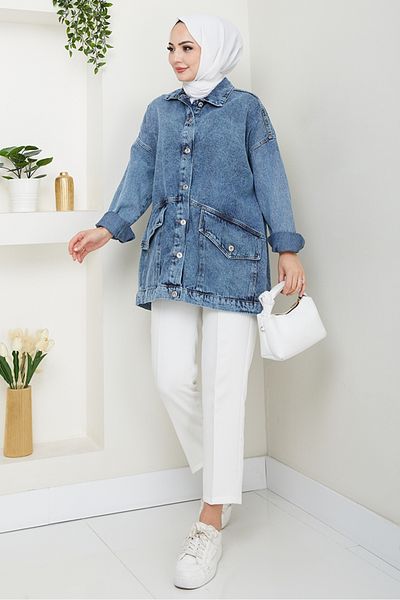 Bestenur Leliy Oversize τζιν μπουφάν 1441 - Μπλε