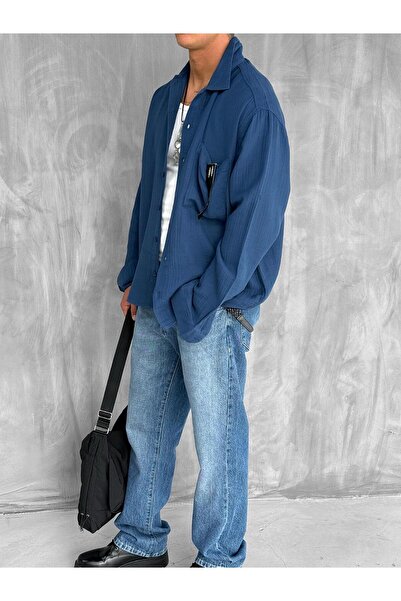 ablukaonline Чоловіча сорочка Oversize Fit з довгими рукавами з мусліну, темно-синя