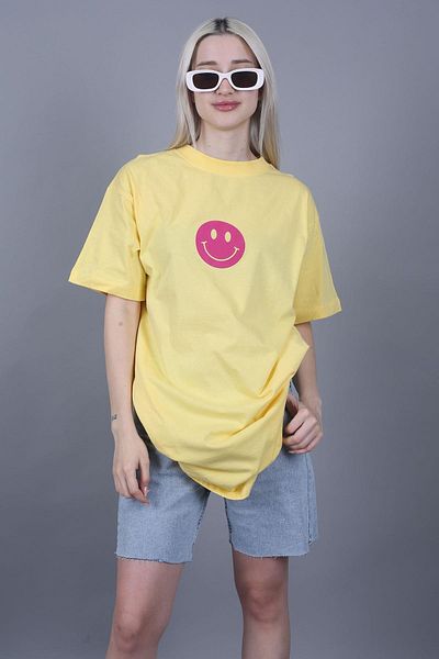 Madmext Gelb bedrucktes Oversize-Damen-T-Shirt mit Rundhalsausschnitt