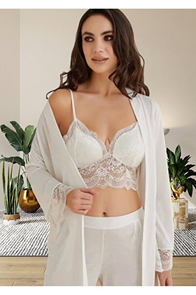 The Clover 4 Pieces Women's Nightwear and Dressing Gowns Set - Dowry with Bralets Th.Clv.44.Dc.20.Hs